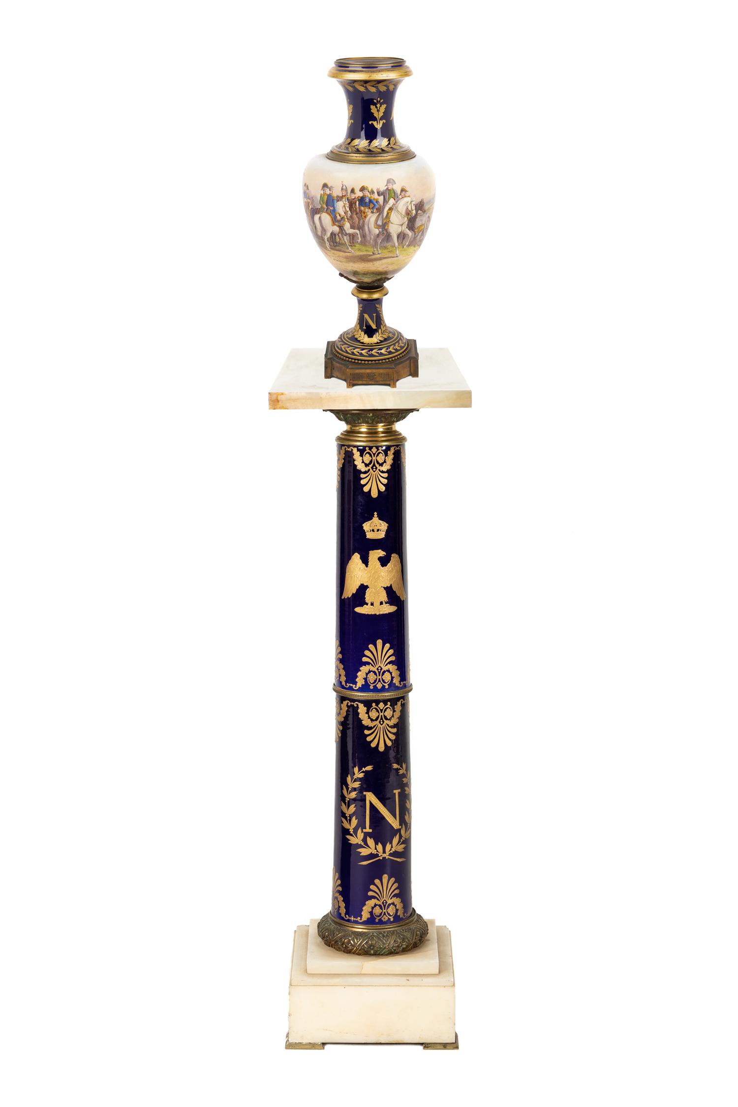 A Large Sèvres Style Porcelain Napoleonic Vase and Pedestal
