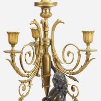 A Pair of Louis XVI Style Gilt and Patinated Bronze Figural Four-Light Candelabra 19th century