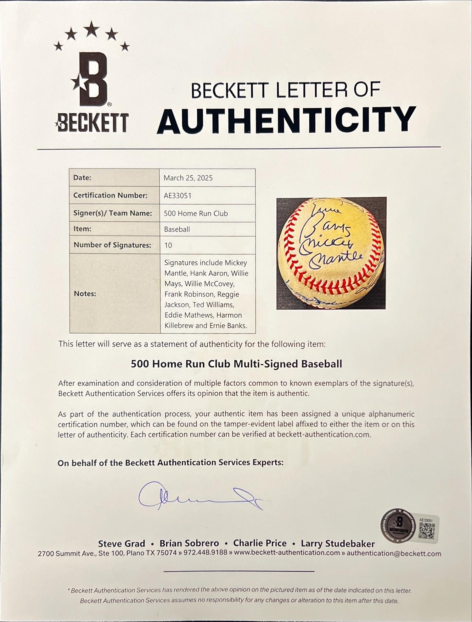 A 500 Home Run Club Signed Autograph Baseball - 10 Signatures (Beckett Authentication Services)