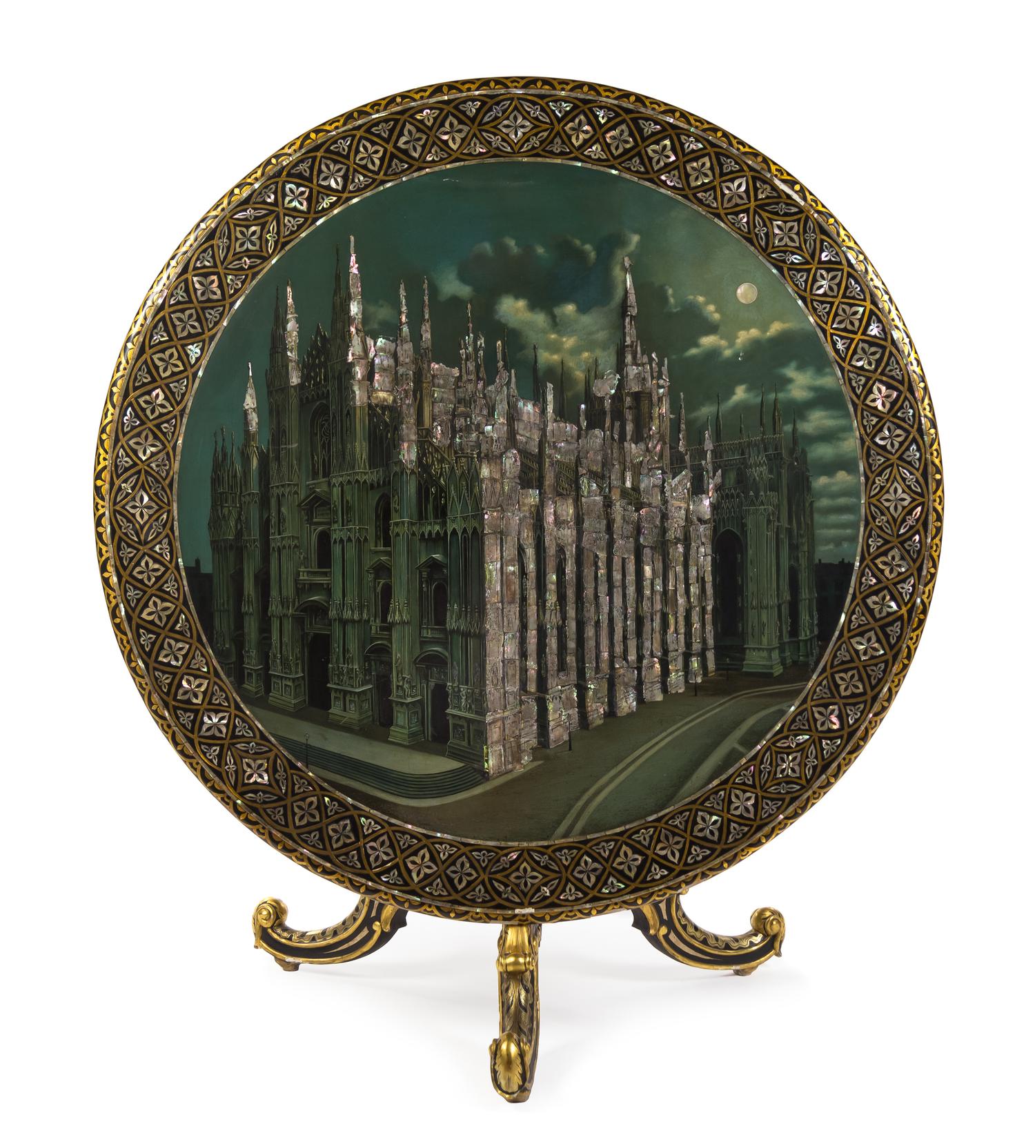 A Victorian Mother-of-Pearl Inlaid and Japanned Tilt-Top Table Diameter 48 inches.