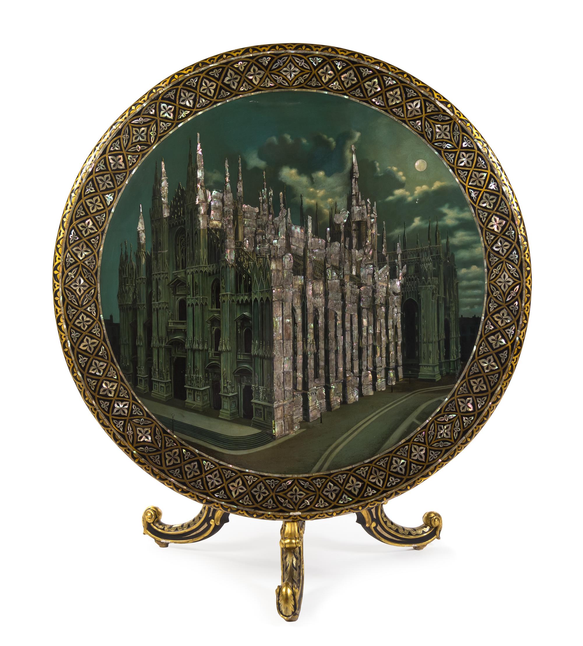 A Victorian Mother-of-Pearl Inlaid and Japanned Tilt-Top Table Diameter 48 inches.