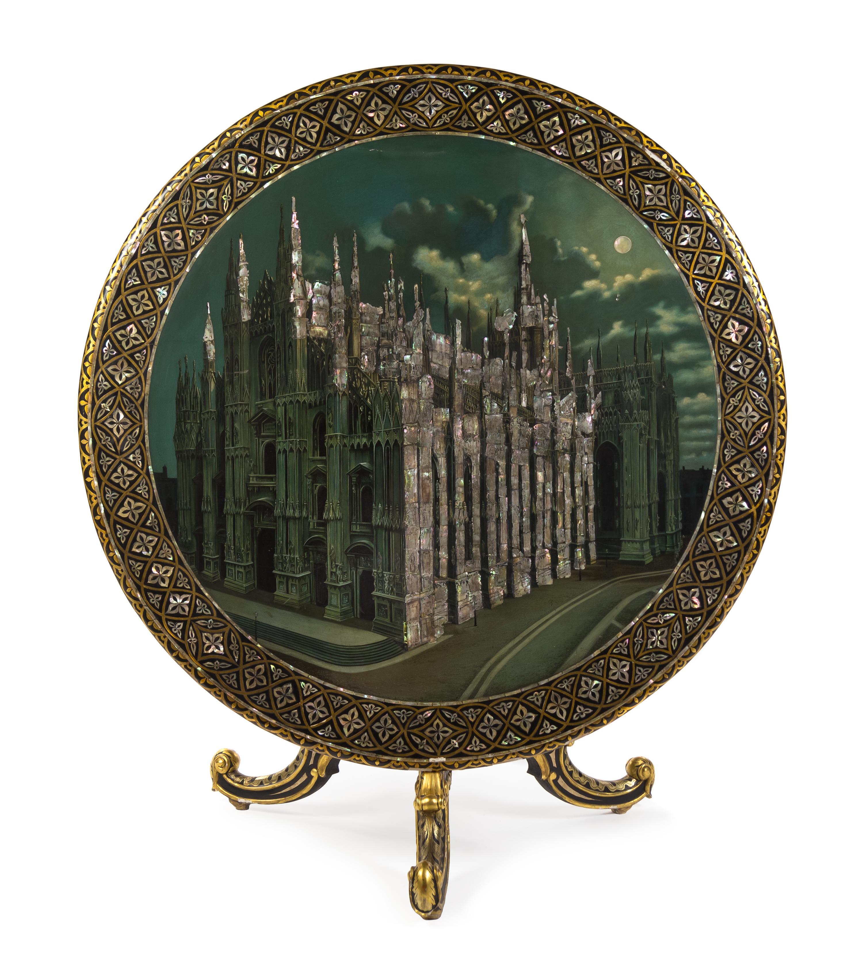 A Victorian Mother-of-Pearl Inlaid and Japanned Tilt-Top Table Diameter 48 inches.