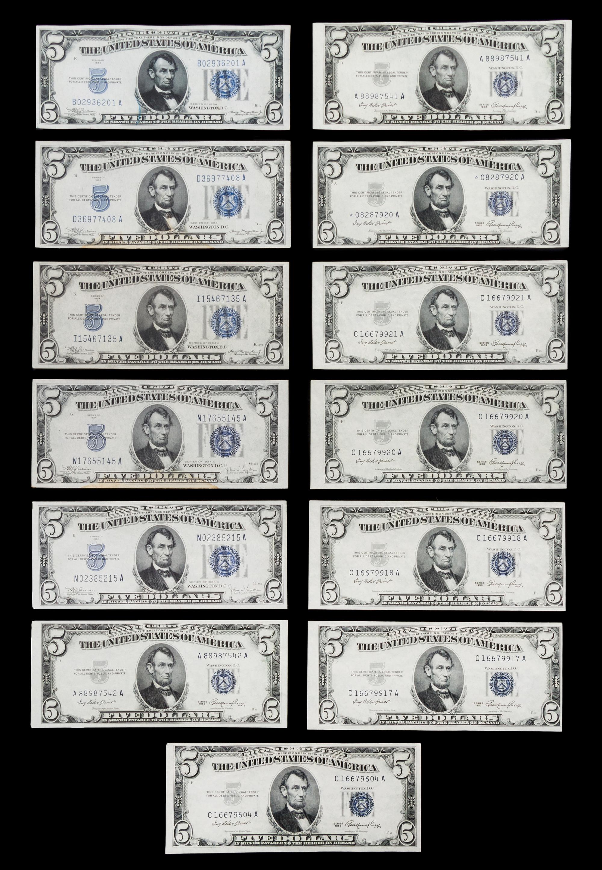 A Group of Thirteen United States $5 Silver Certificates
