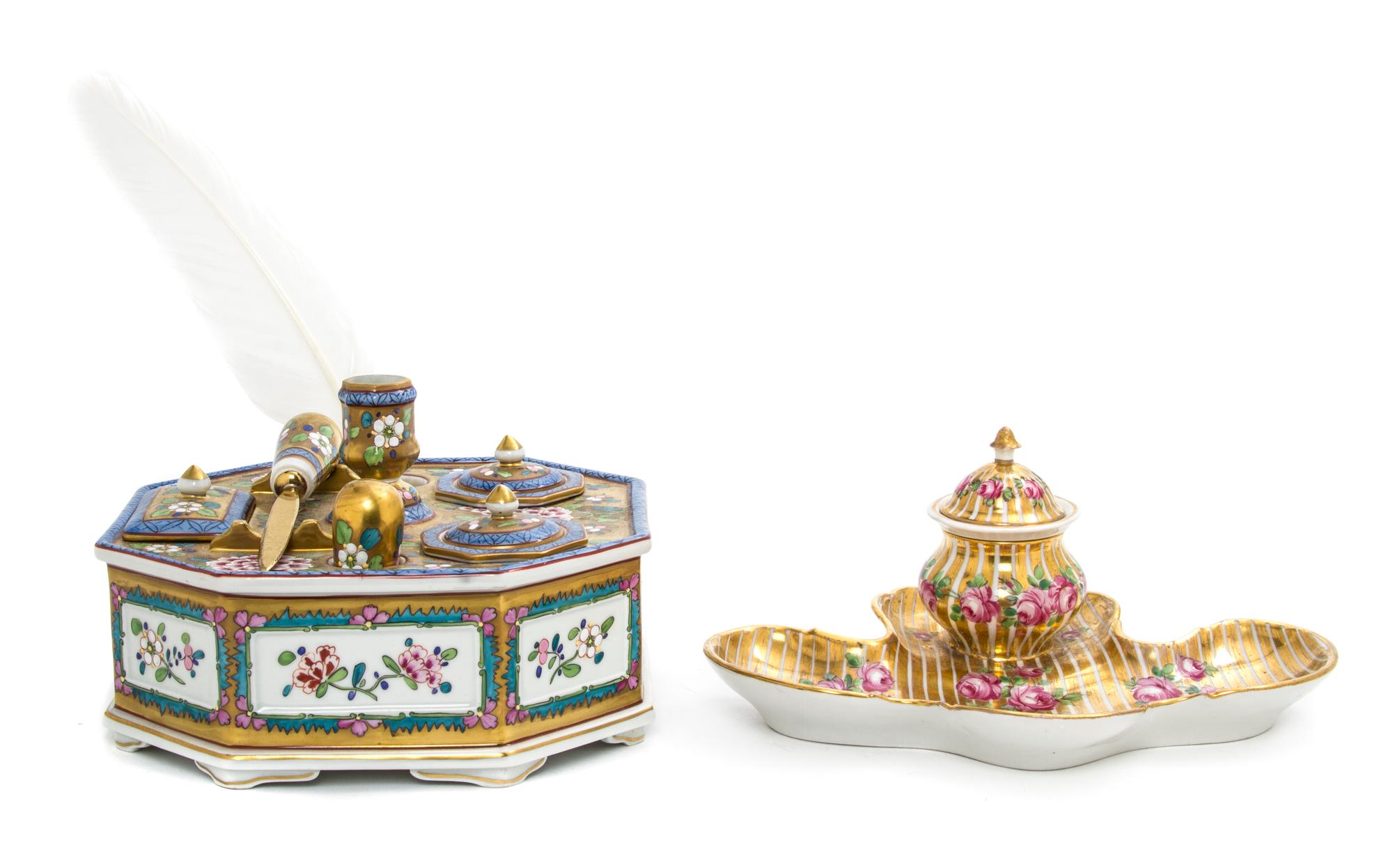 Two Dresden Porcelain Standishes, Width of widest 8 3/8 inches.