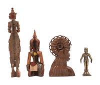 An Indonesian Carved Wood Bust, Two Thai Giltwood Figures and an Indian Brass Figure
