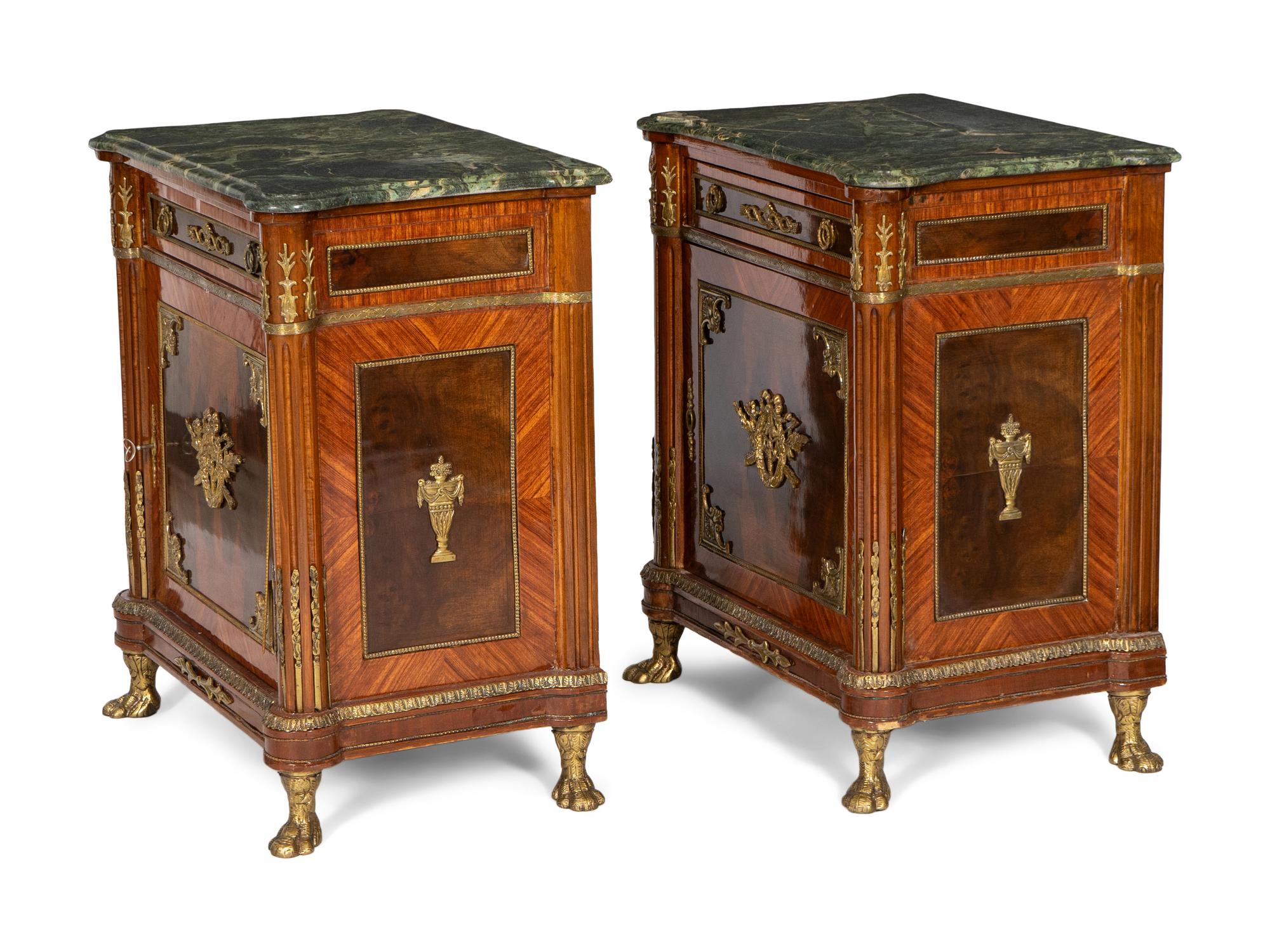 A Pair of French Empire Style Beside Cabinets with Verde Indio Marble Tops