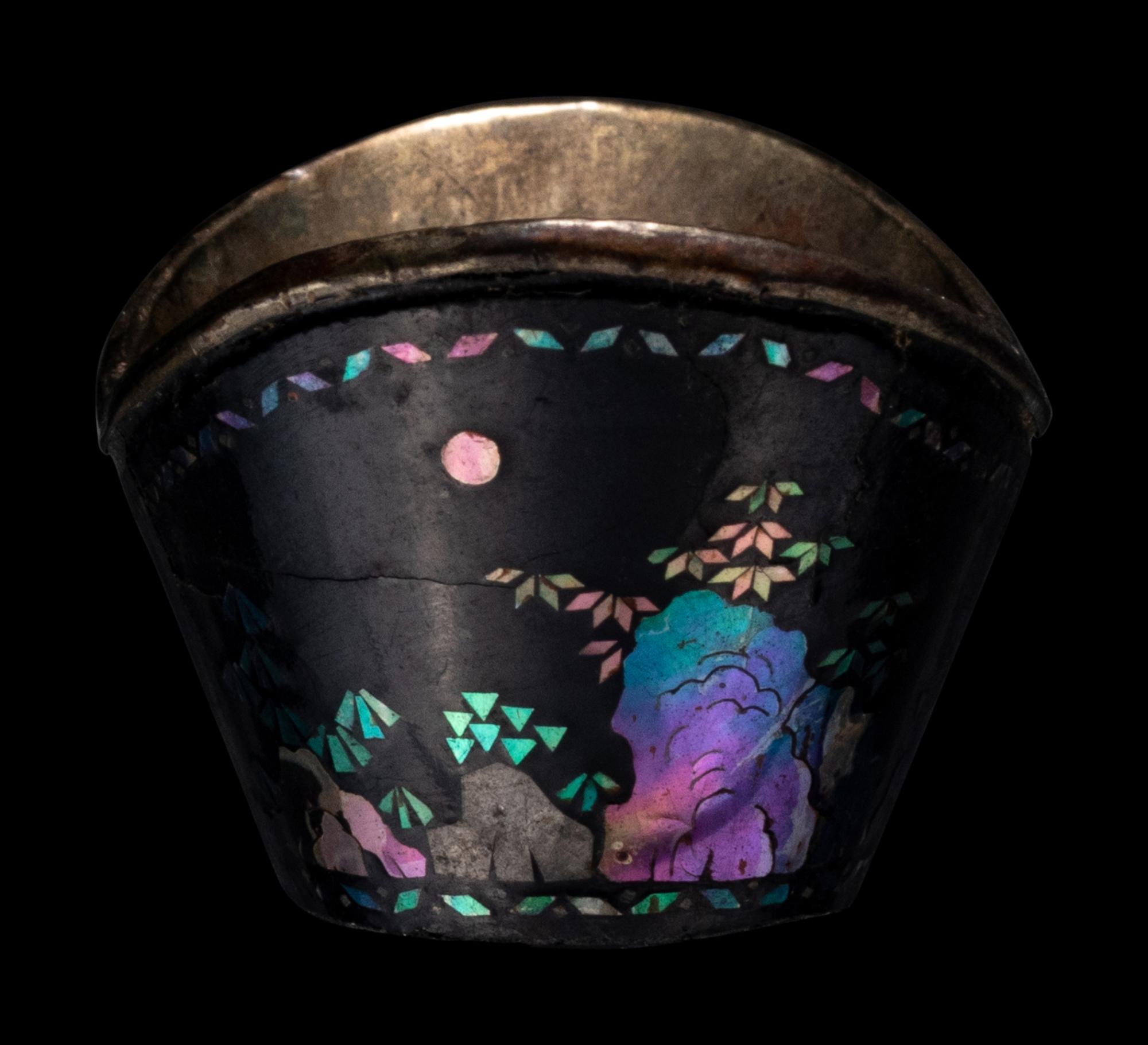 A Set of Six Mother-of-Pearl Inlaid Black Lacquer Ingot-Form Cups