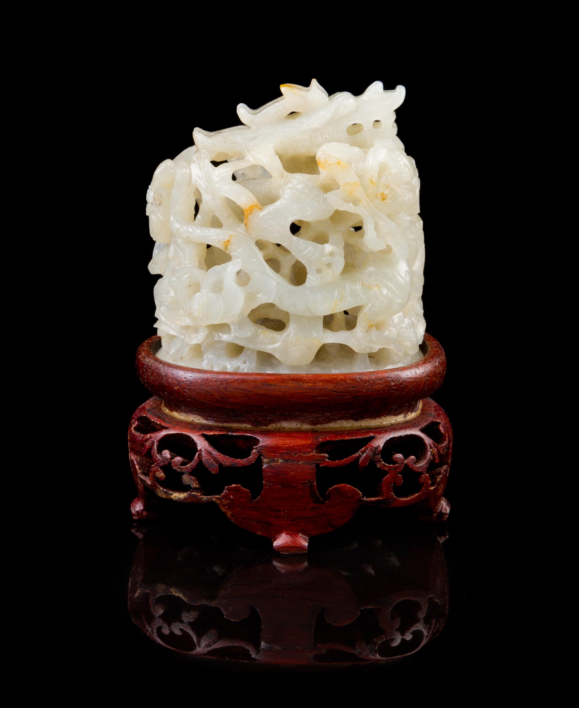A Chinese Pale Celadon Dragon Jade Hat Finial YUAN/MING DYNASTY Height of jade 2 1/8 inches. — YUAN/MING DYNASTY