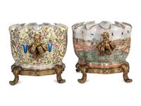 A Pair of United Wilson Gilt Metal Mounted Scalloped Porcelain Jardinieres