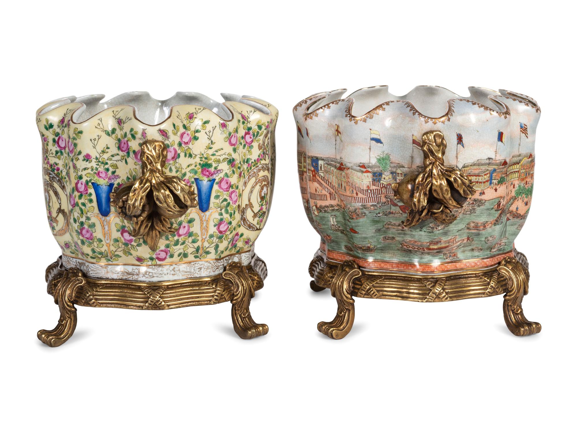 A Pair of United Wilson Gilt Metal Mounted Scalloped Porcelain Jardinieres