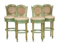 Four Louis XVI Style Painted, Parcel Gilt and Cane Back Bar Stools