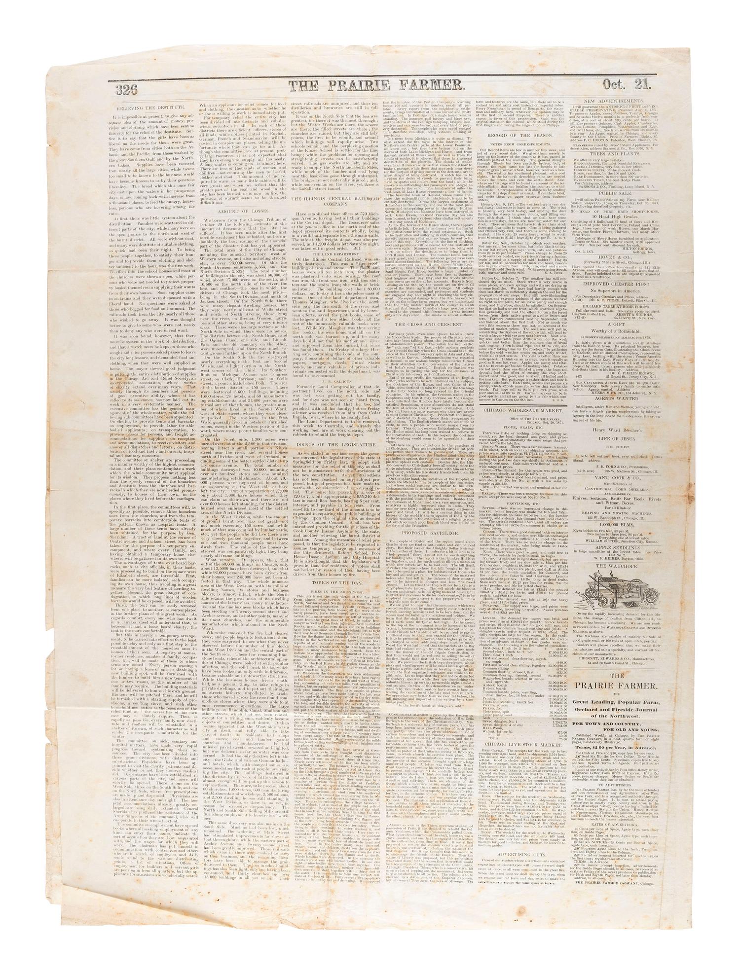 [CHICAGO FIRE]. The Prairie Farmer. Vol. 42, no. 42. Chicago, 21 October 1871. With frontpage reporting of the Chicago Fire.