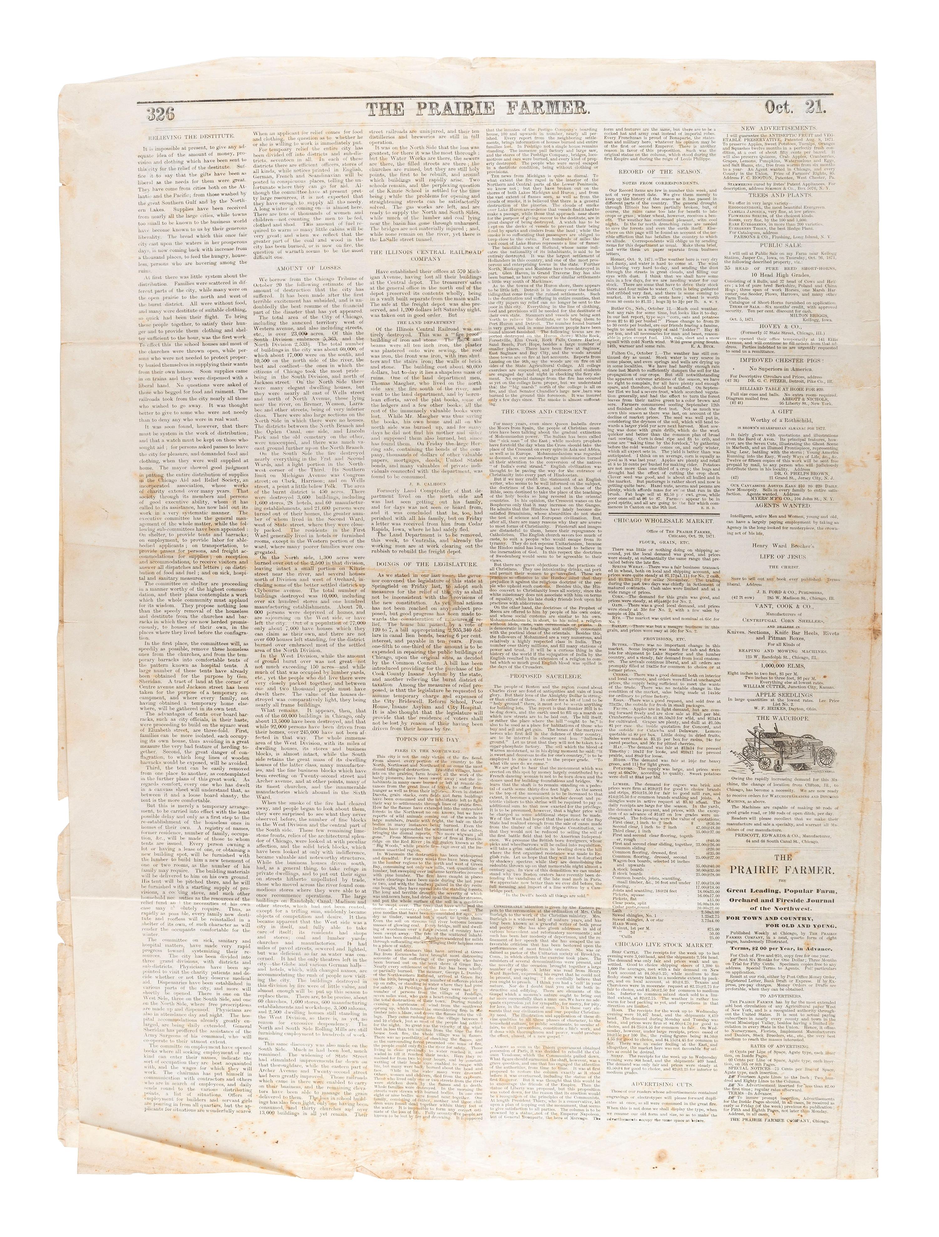 [CHICAGO FIRE]. The Prairie Farmer. Vol. 42, no. 42. Chicago, 21 October 1871. With frontpage reporting of the Chicago Fire.