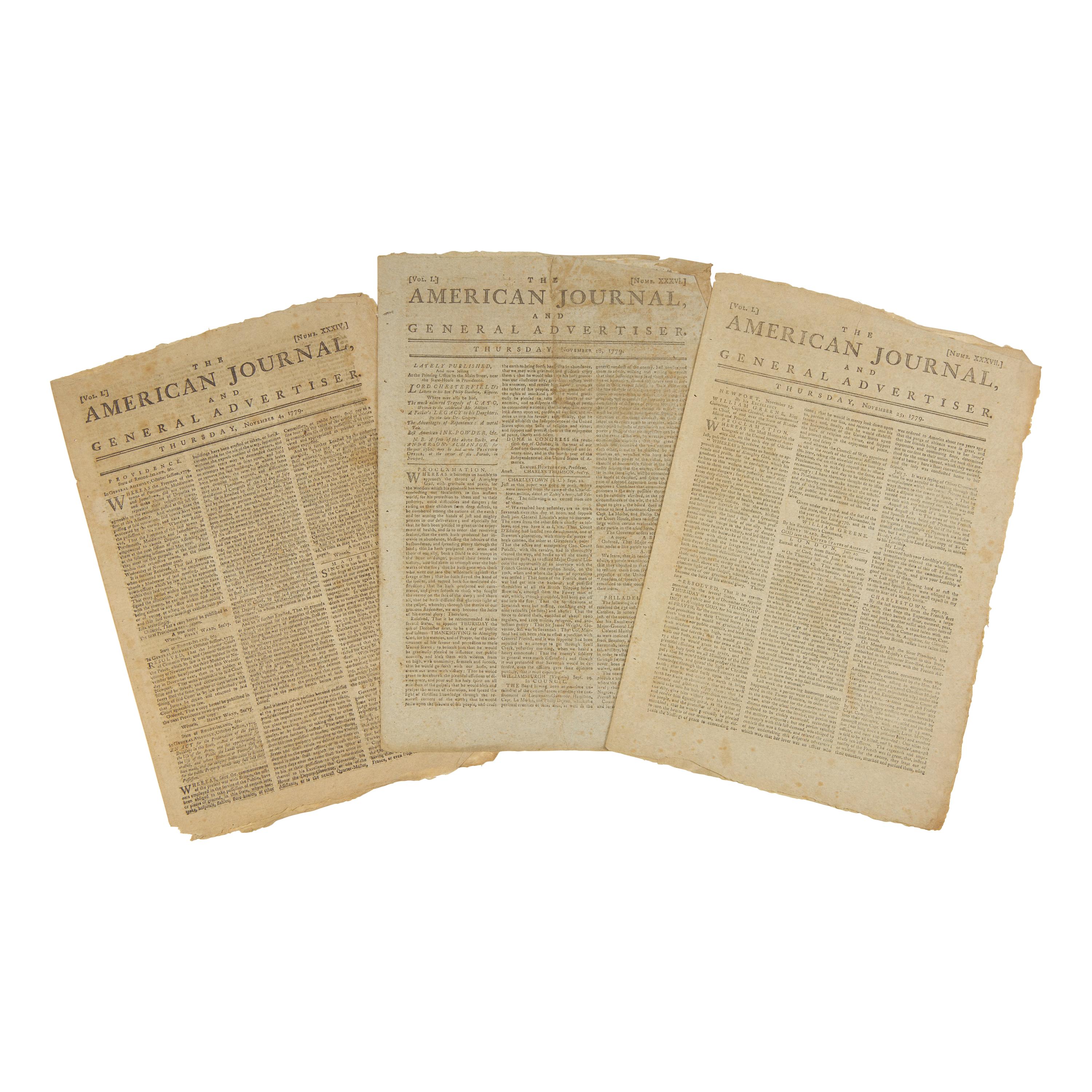 [American Revolution] Group of 3 Issues of "The American Journal and General Advertiser", November 1779
