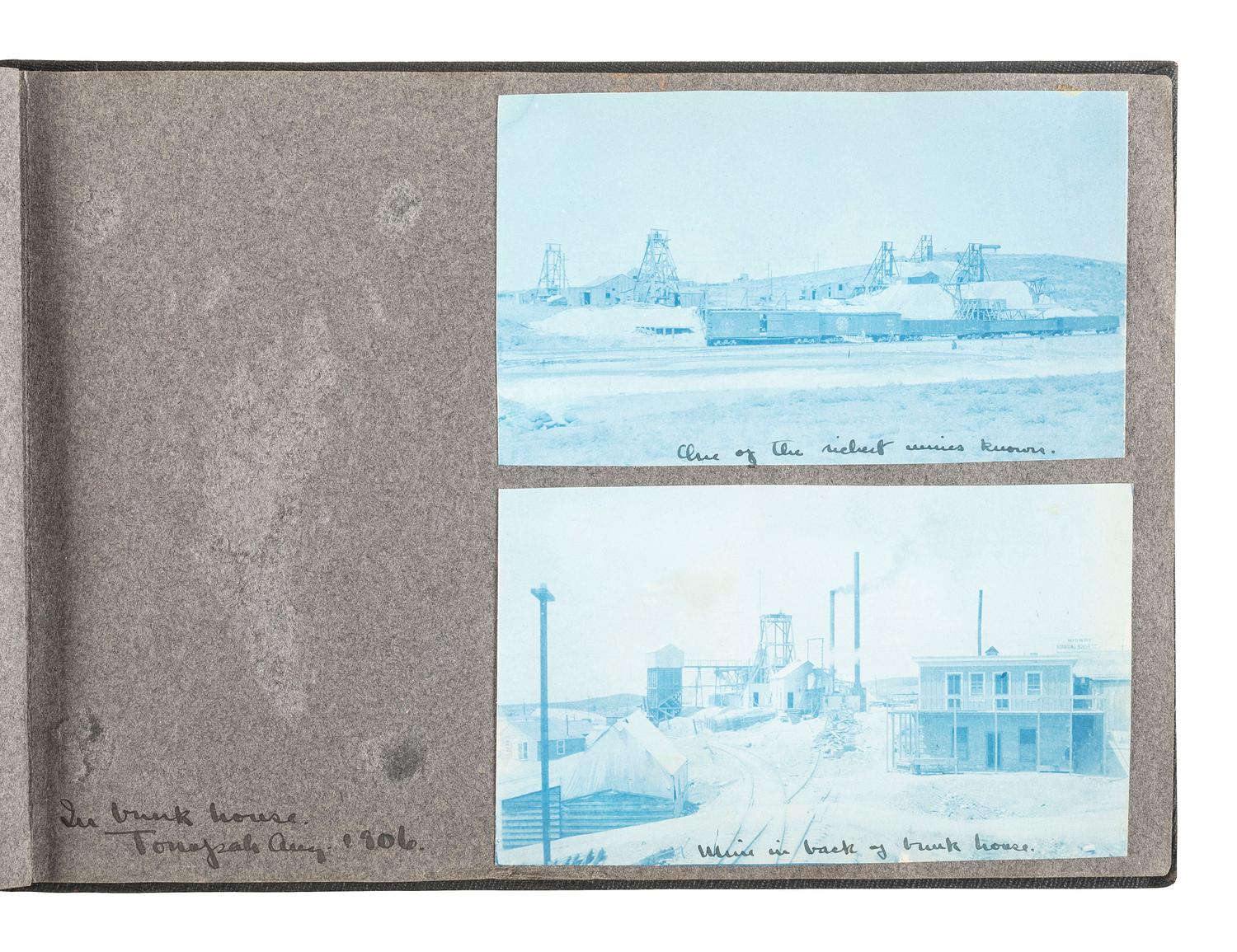 [WESTERN AMERICANA] -- [MINING]. Album containing 59 photographs, some showing mining operations in Goldfield and Tonopah, Nevada, ca 1906.