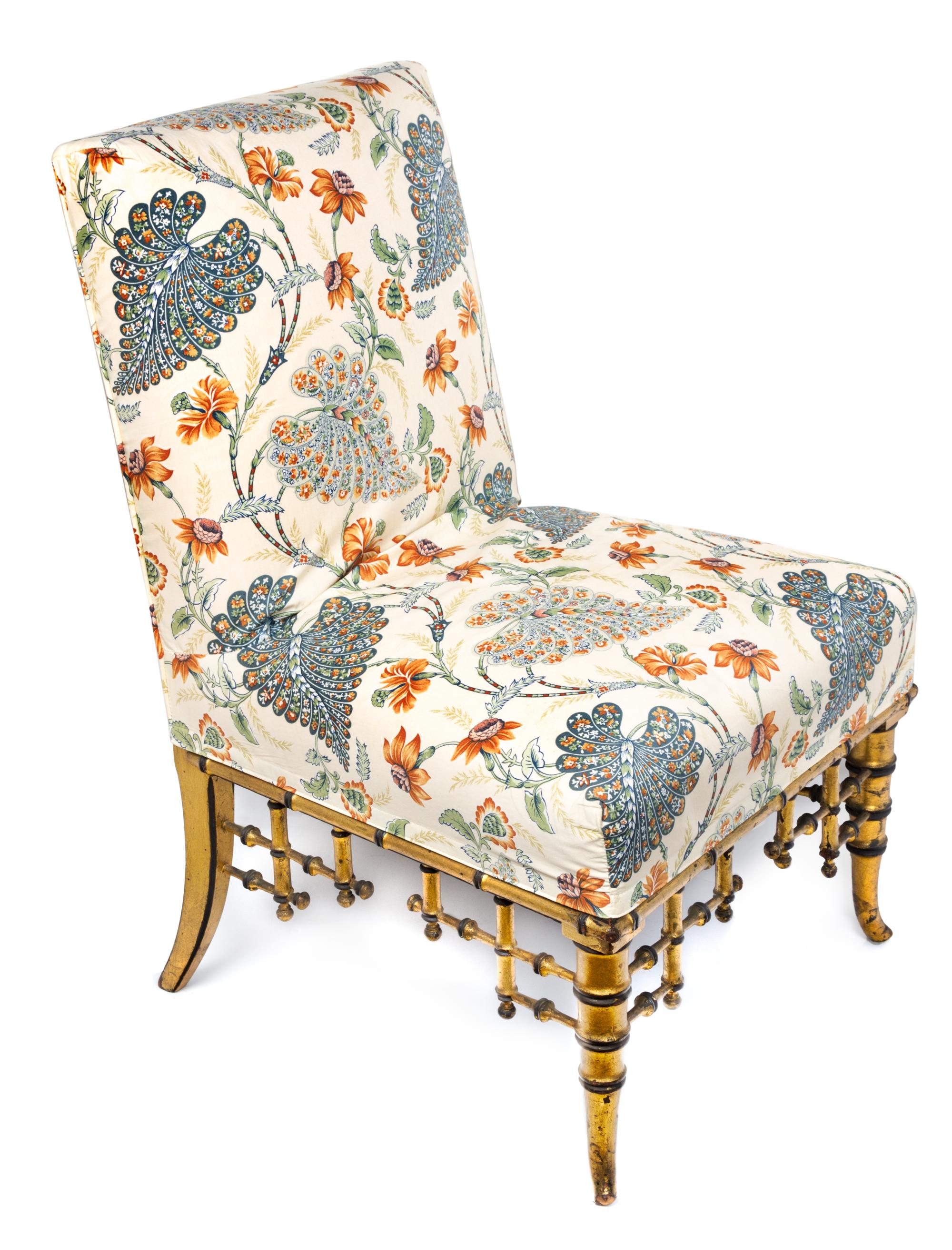 A Victorian Gilded and Upholstered Slipper Chair Height 30 1/2 inches.