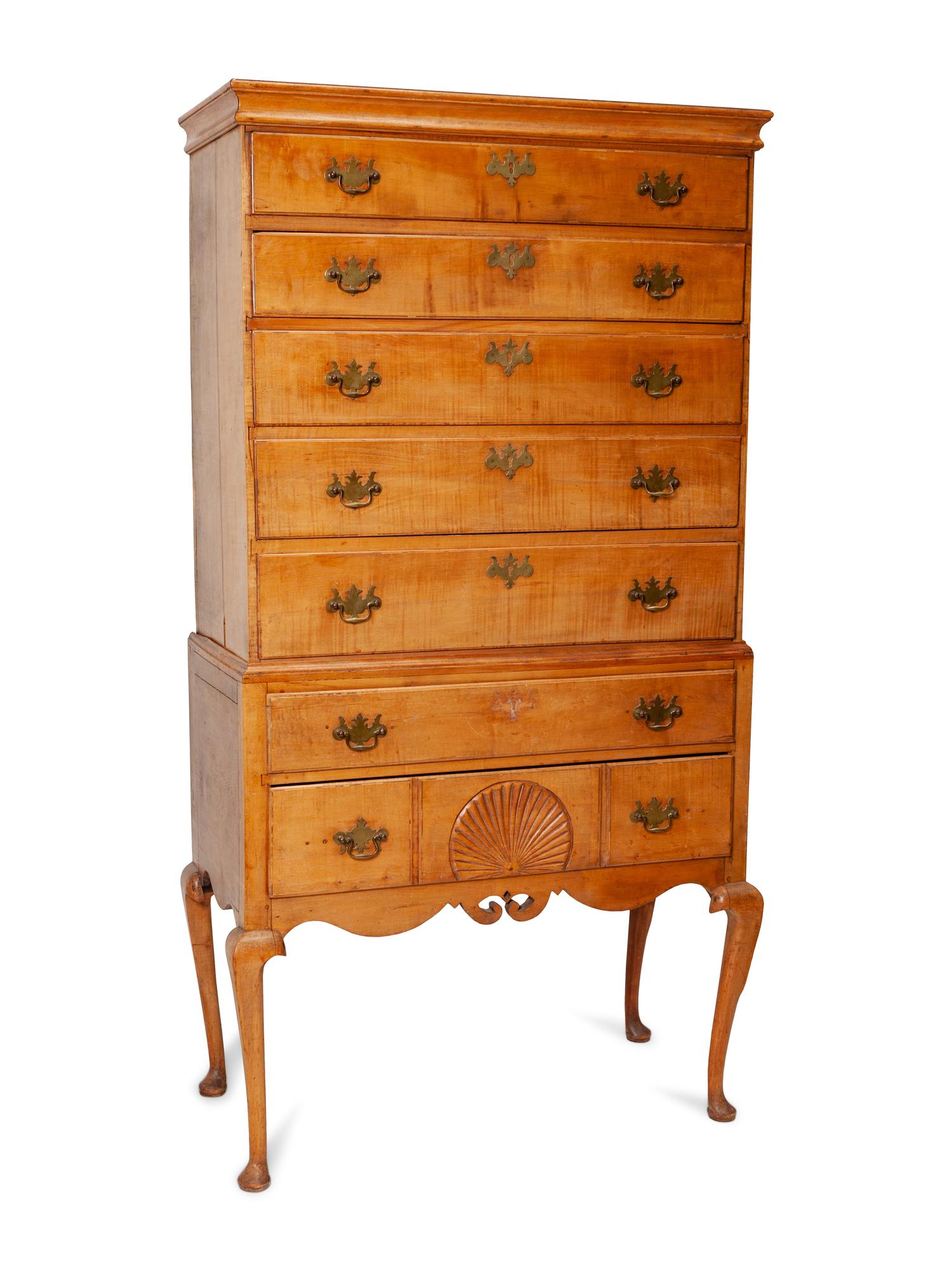 A Queen Anne Figured and Carved Maple Flat-Top High Chest