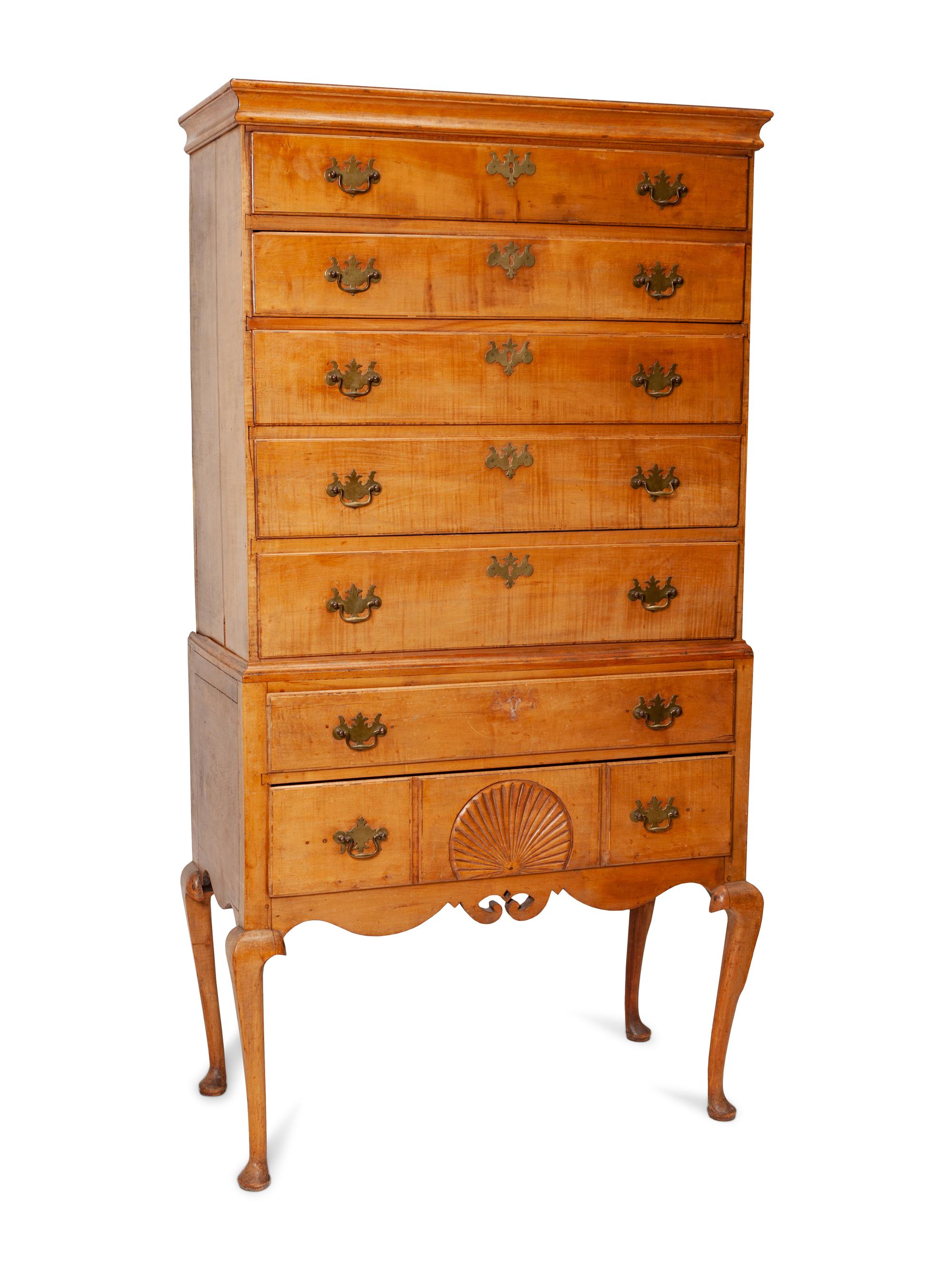 A Queen Anne Figured and Carved Maple Flat-Top High Chest