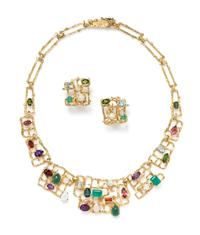 An 18 Karat Yellow Gold and Multigem Demi Parure, 30.50 dwts.