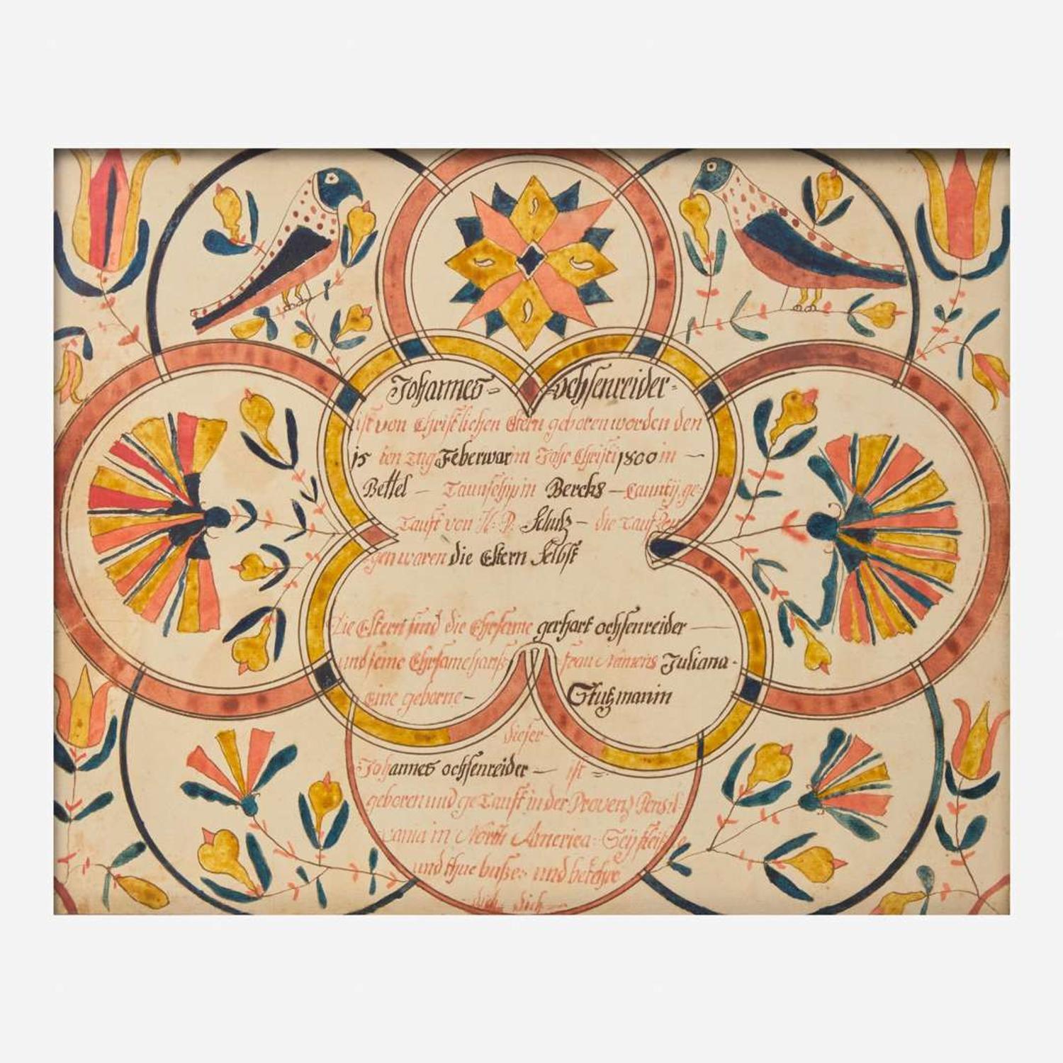 Conrad Trevitz (1751-1830), Berks County, PA A Fraktur birth and baptism record for Johannes Ochsenreider (1800-1869)