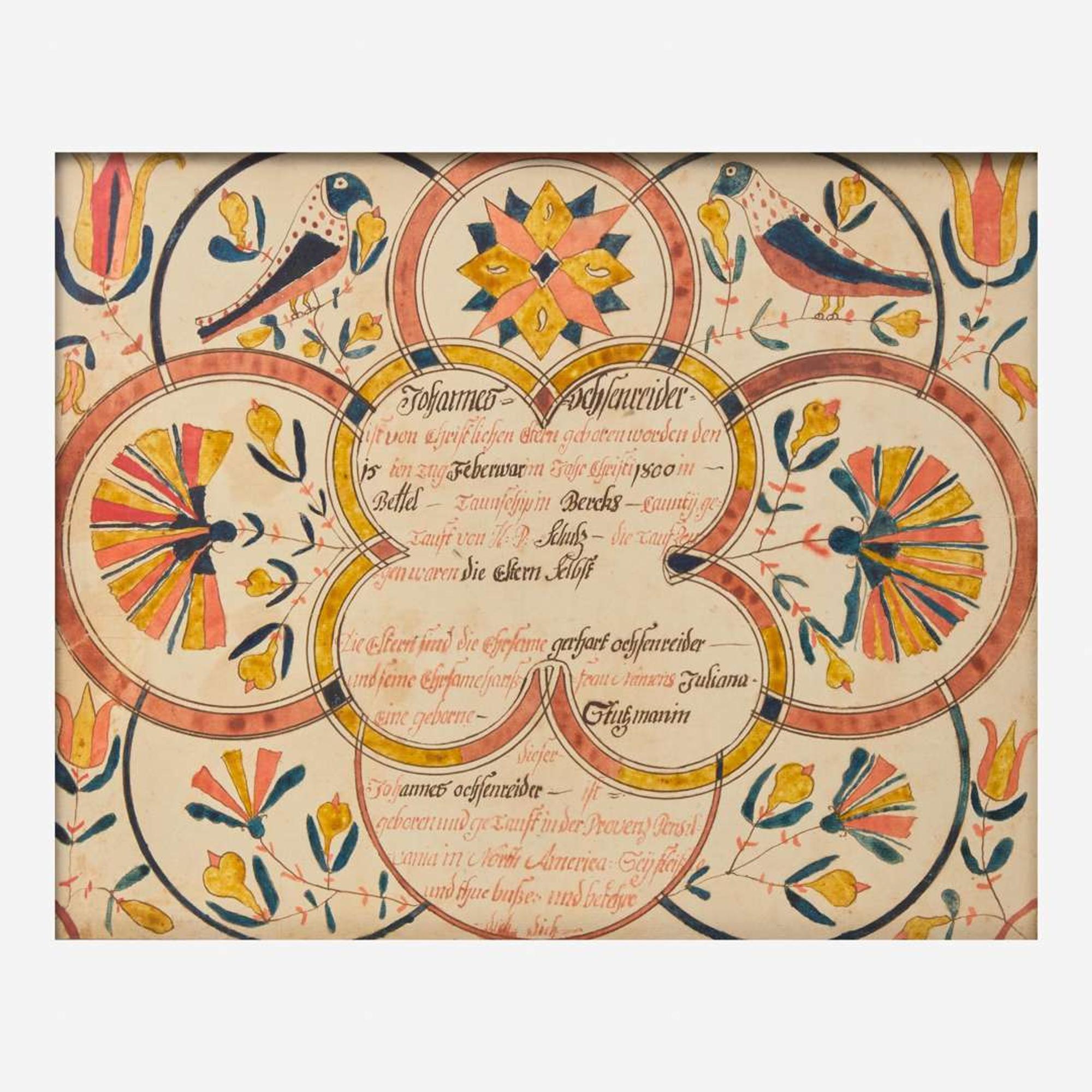 Conrad Trevitz (1751-1830), Berks County, PA A Fraktur birth and baptism record for Johannes Ochsenreider (1800-1869)