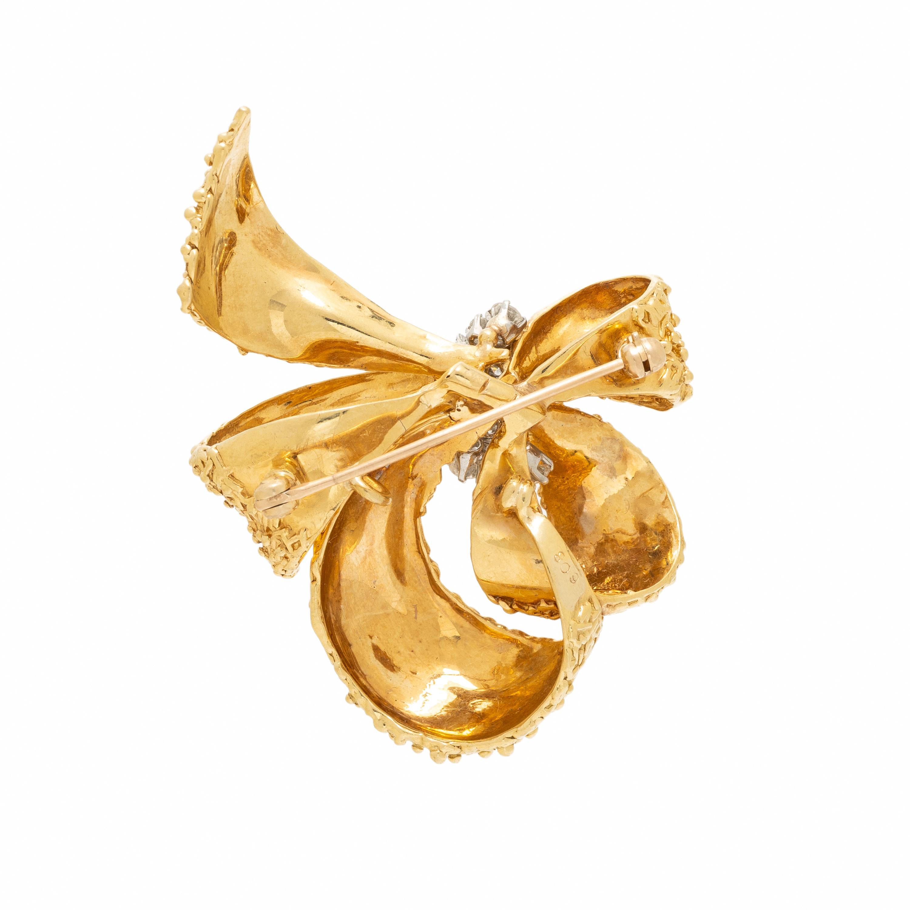 YELLOW GOLD AND DIAMOND BOW BROOCH