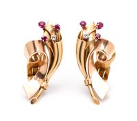 A Pair of Retro Rose and Yellow Gold, Ruby and Diamond Earclips, 10.85 dwts.