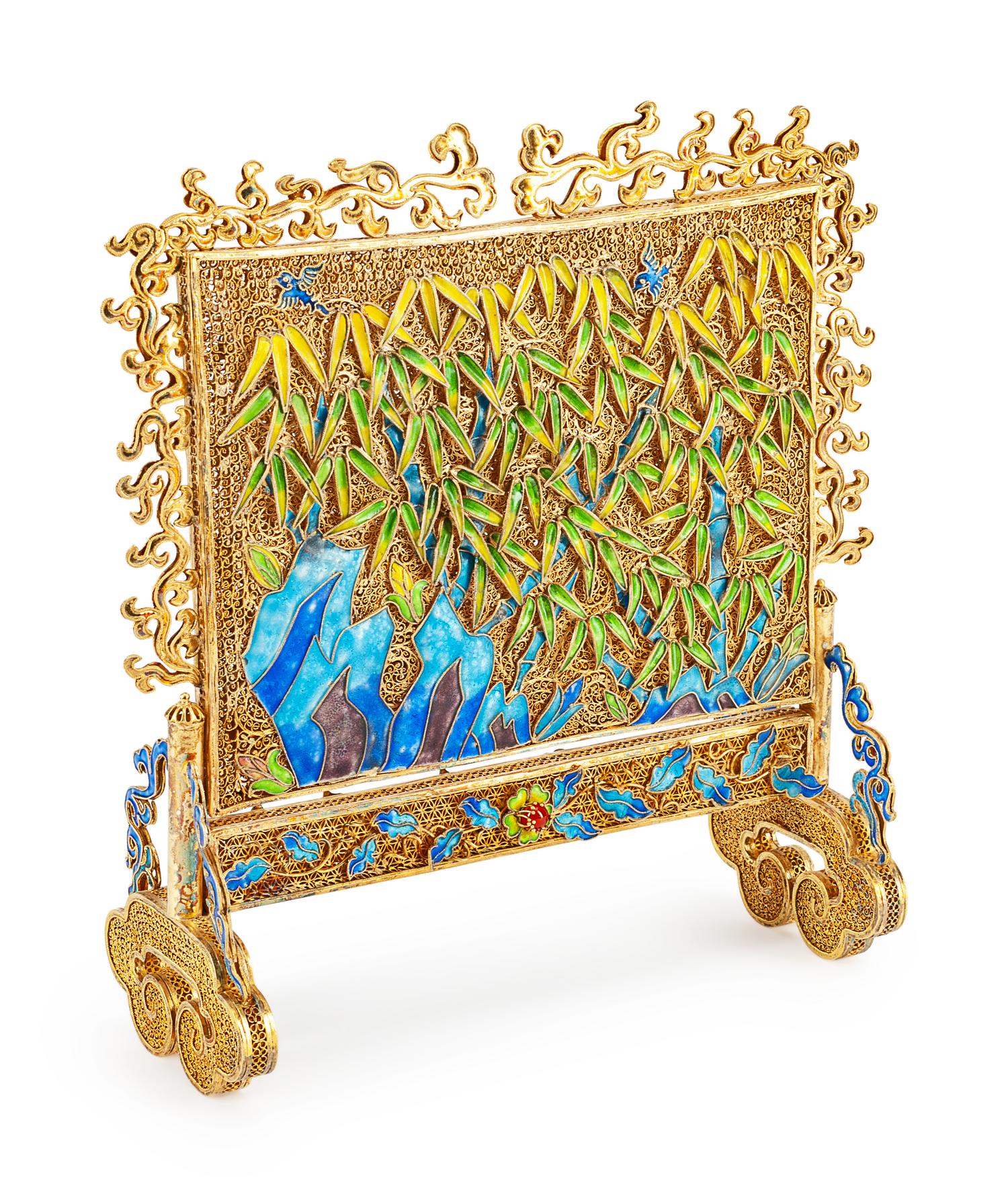 A Chinese Silvergilt and Enamel Table Screen