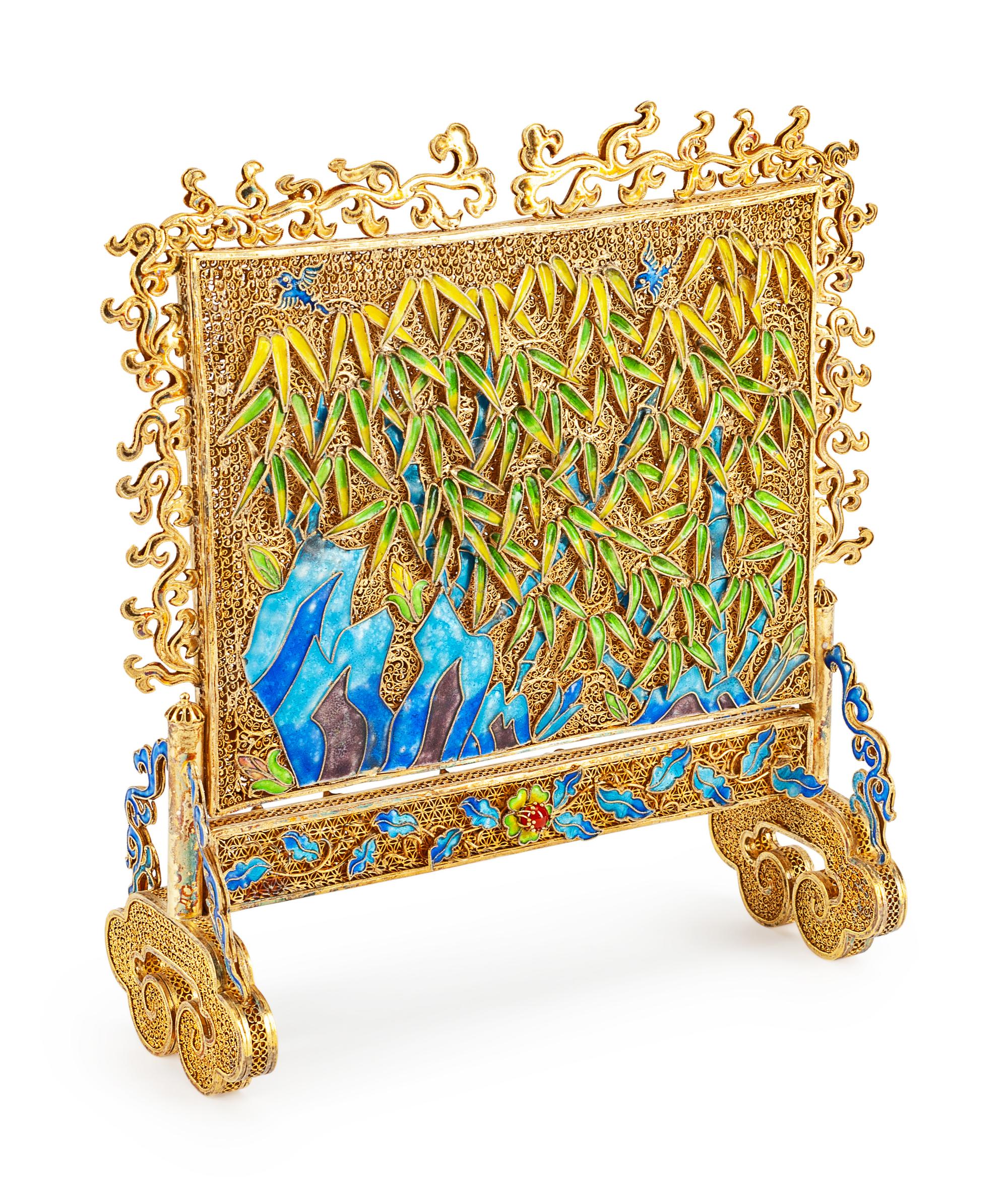 A Chinese Silvergilt and Enamel Table Screen