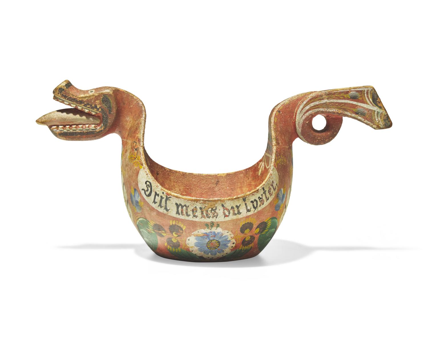 A Norwegian carved and painted wood kjenge or ale bowl, 19th century