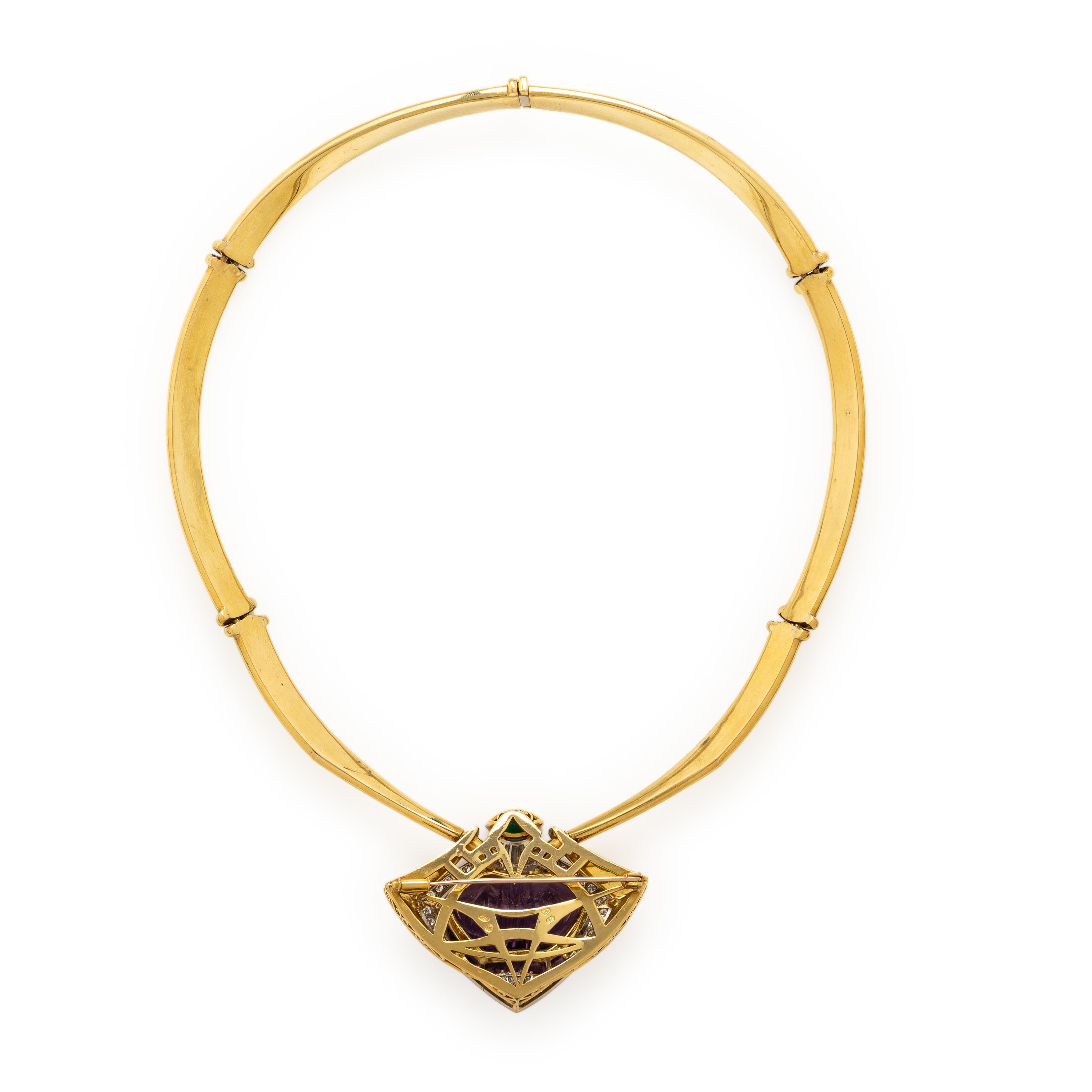 Amethyst, Emerald, Diamond, and Yellow Gold Convertible Pendant Brooch Necklace