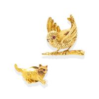 REGNER, YELLOW GOLD BIRD BROOCH AND AN UNSIGNED YELLOW GOLD CAT PIN