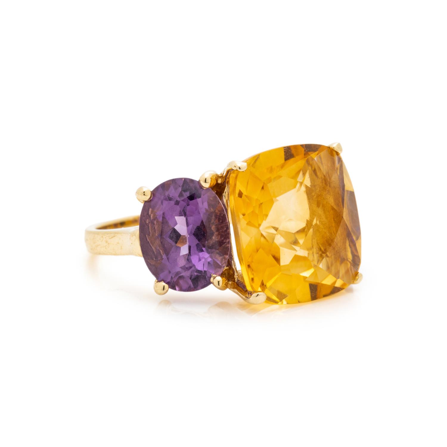 YELLOW GOLD, CITRINE AND AMETHYST RING