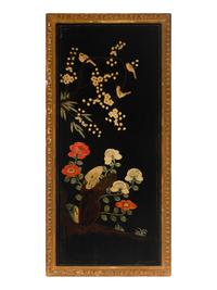 Four Chinese Gilt-Framed Black and Polychrome Lacquer Panels