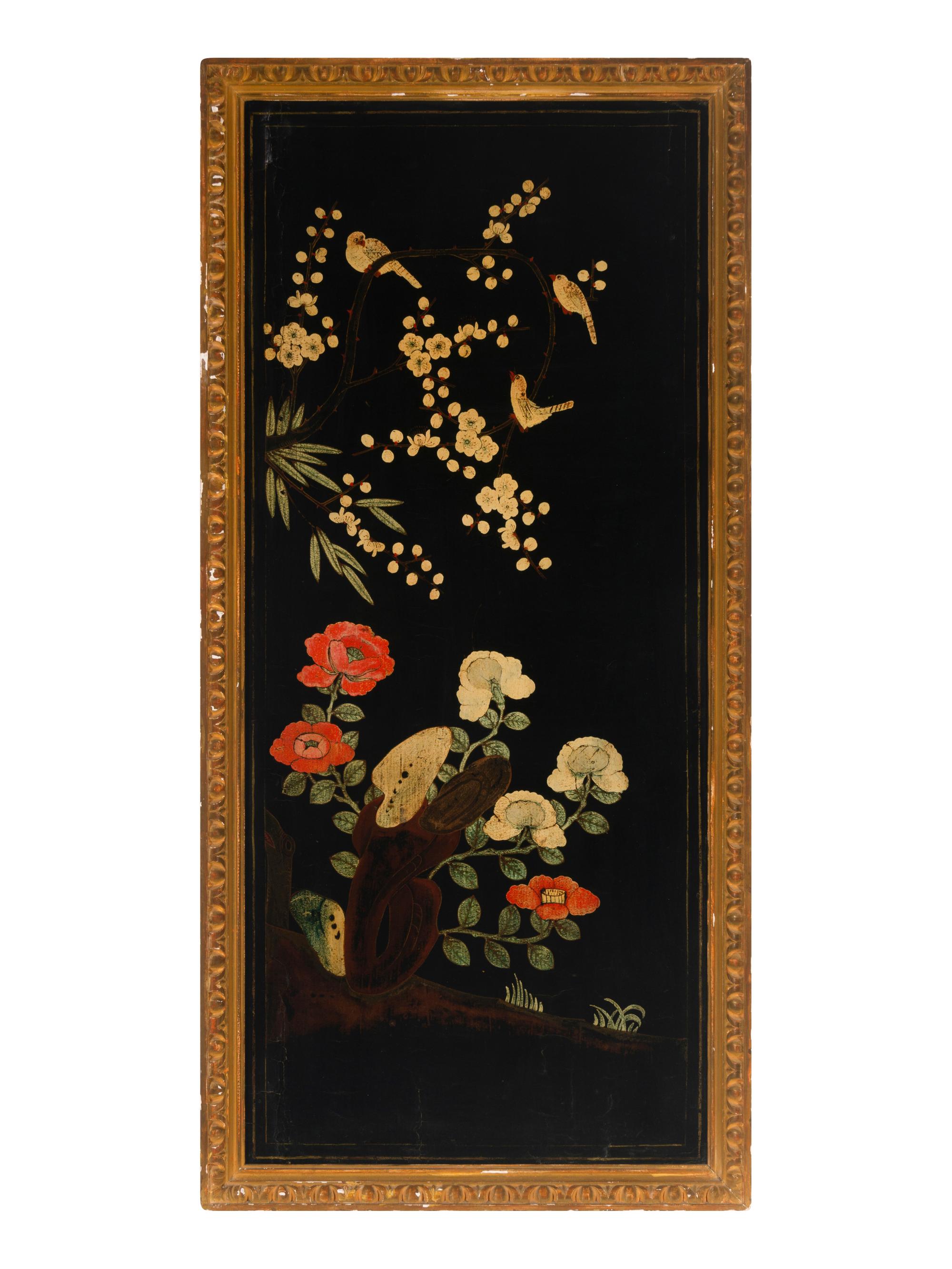 Four Chinese Gilt-Framed Black and Polychrome Lacquer Panels
