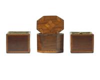 A Pair of George III Inlaid Mahogany Cache Pots and a Tea Caddy, Circa 1800