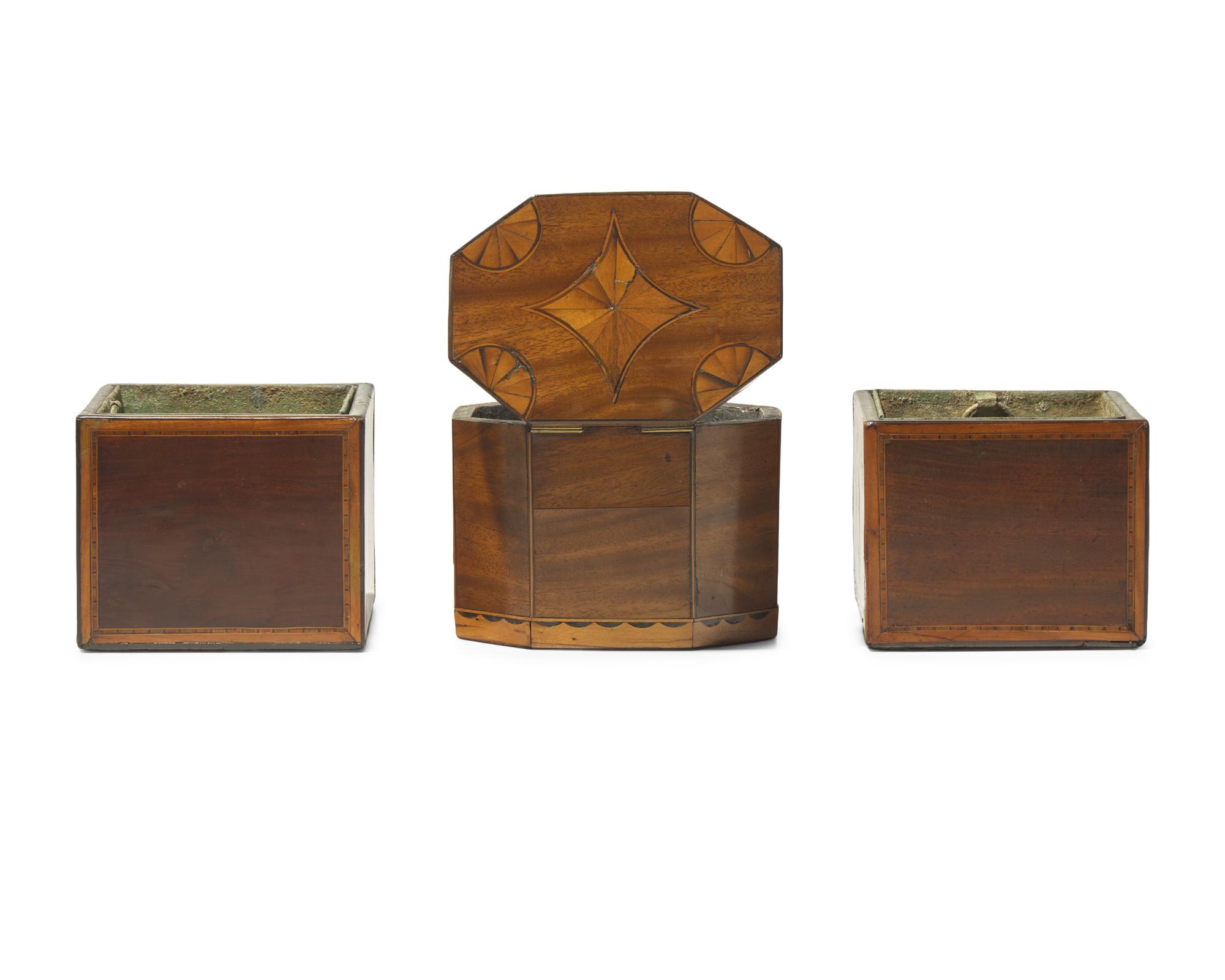 A Pair of George III Inlaid Mahogany Cache Pots and a Tea Caddy, Circa 1800