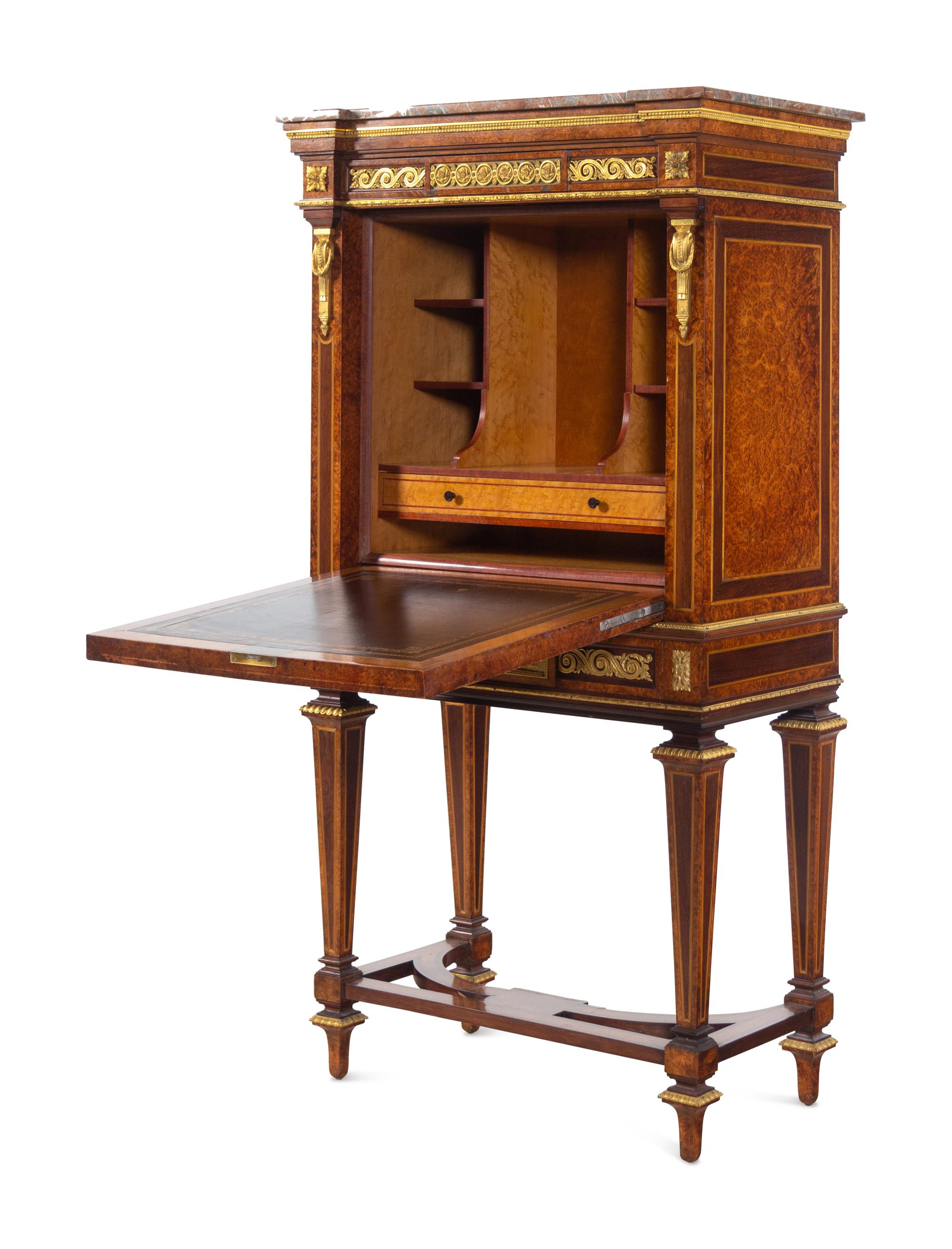 A Louis XVI Style Gilt Bronze Mounted Amboyna Marble-Top Secrétaire à Abattant
