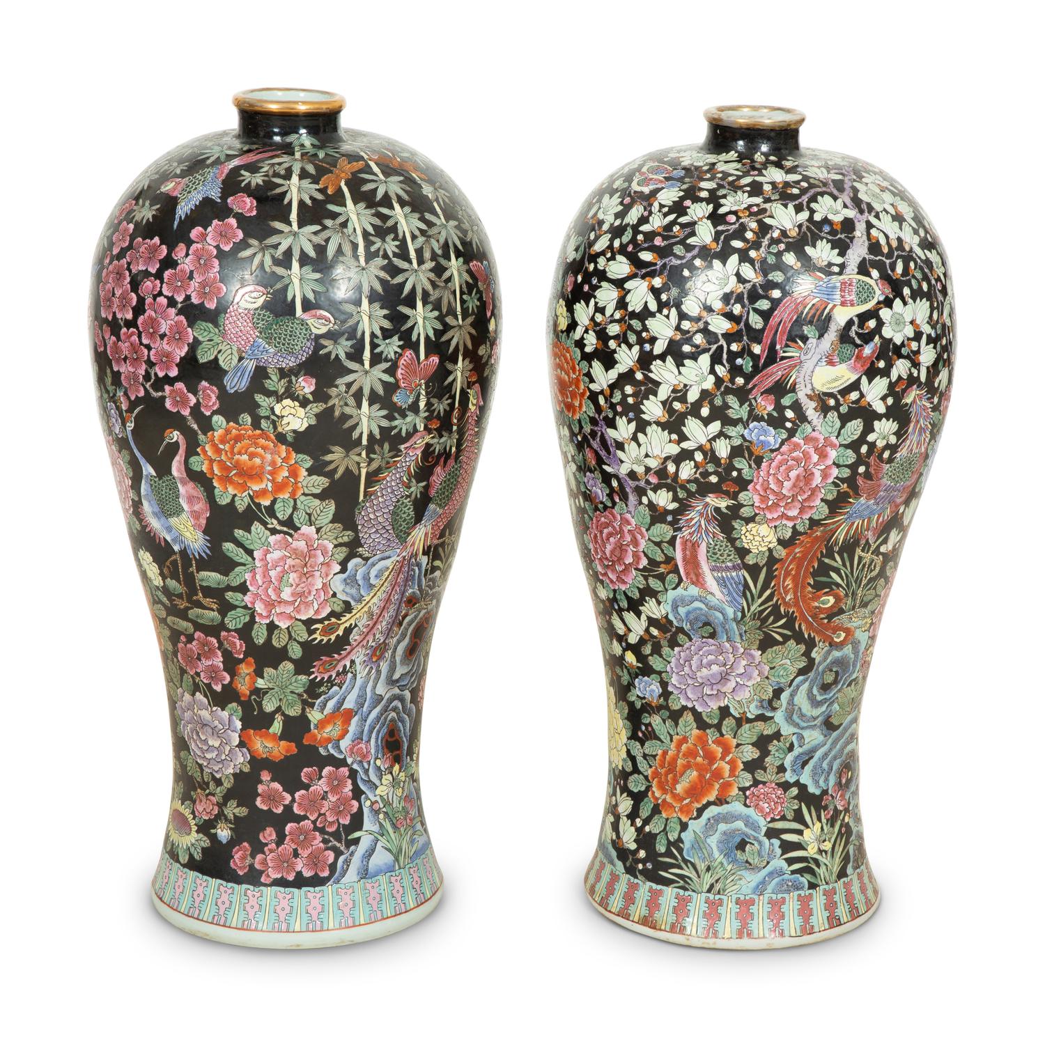 A Pair of Chinese Export Famille Noire Porcelain Palace Vases