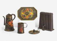A group of five tole or painted and decorated tinware table items, probably Pennsylvania, 19th / 20th century