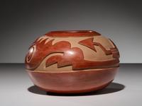 Carved Redware Pottery Jar, with Avanyu