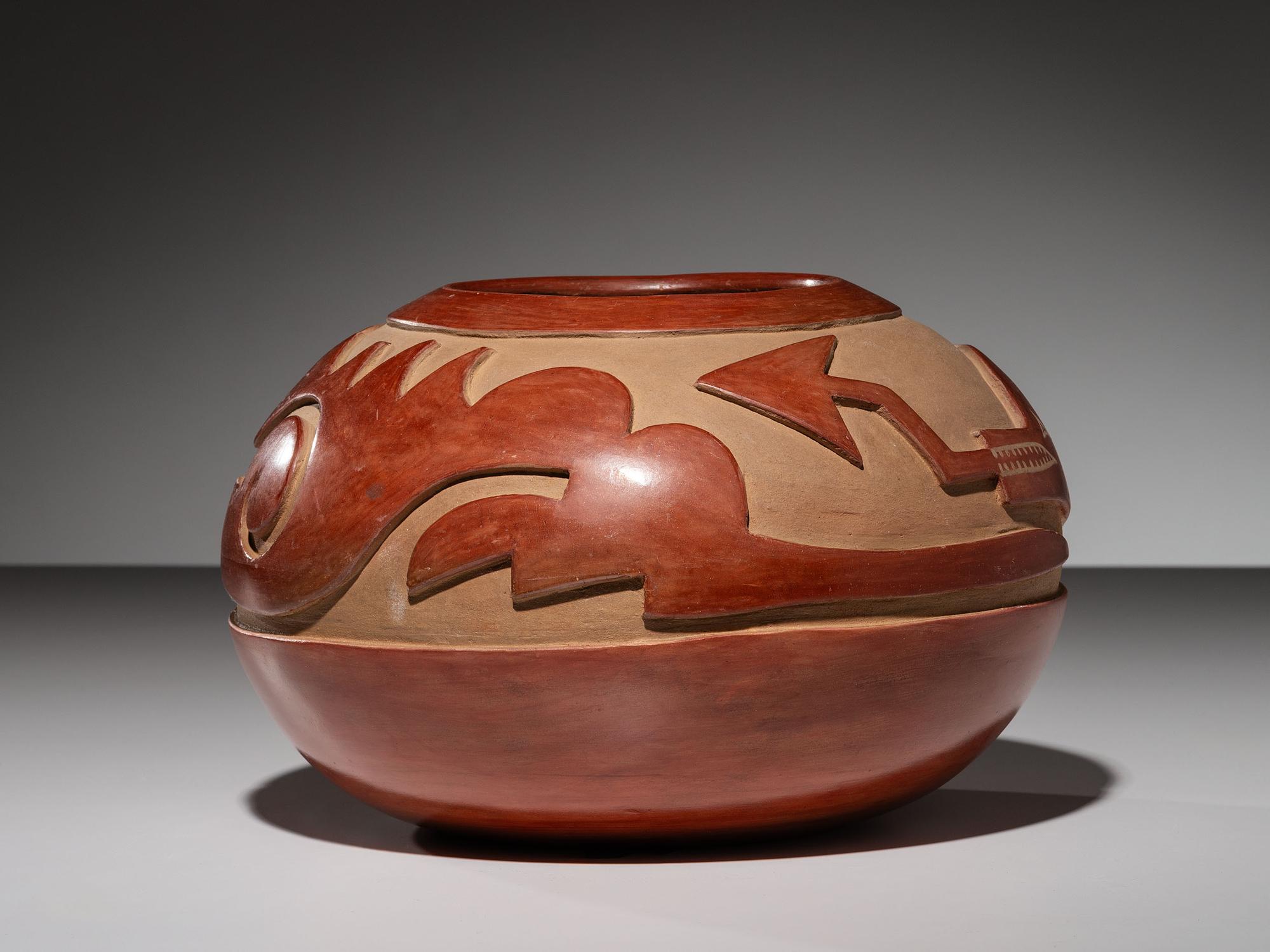 Carved Redware Pottery Jar, with Avanyu