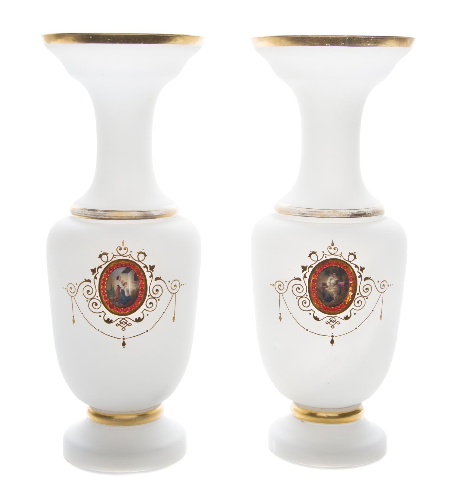 A Pair of Opaline Glass Vases Height 13 5/8 inches.