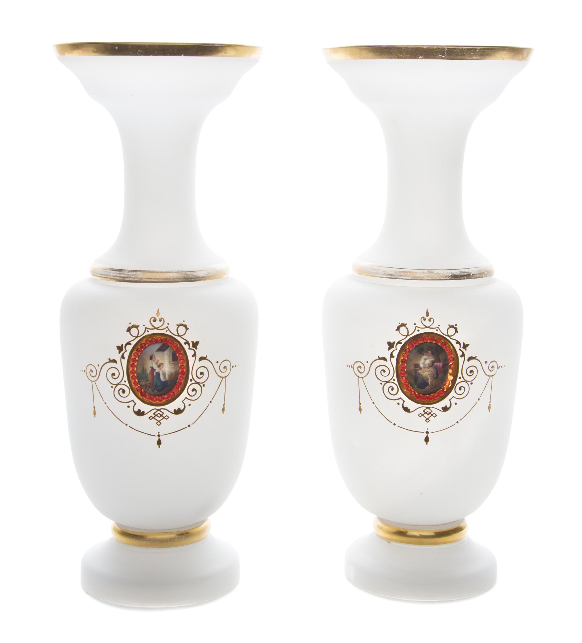 A Pair of Opaline Glass Vases Height 13 5/8 inches.