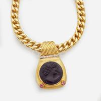 A 14K Yellow Gold Cameo and Diamond Necklace