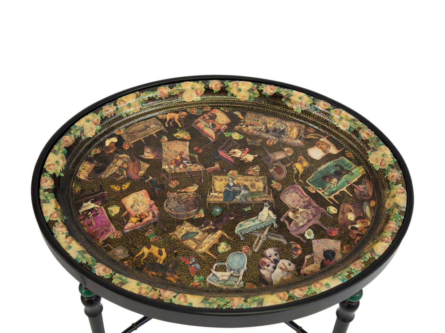 Three English Papier Mache Oval Serving Trays on Ebonized Stands