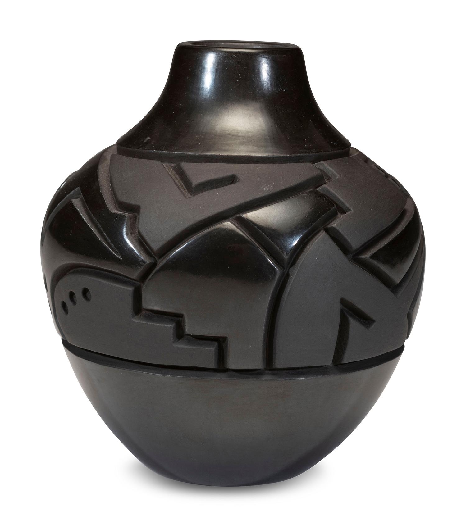 Deeply Carved Blackware Pottery Jar, with Dragonfly and Bear, 2004