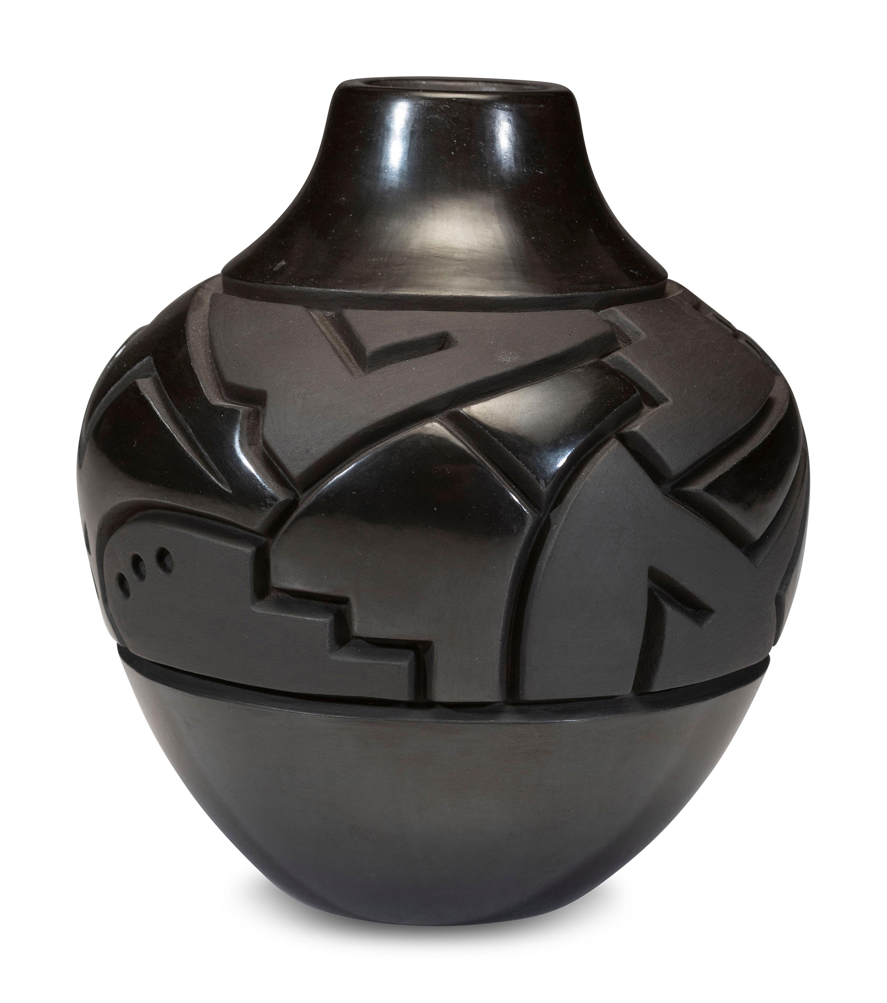 Deeply Carved Blackware Pottery Jar, with Dragonfly and Bear, 2004