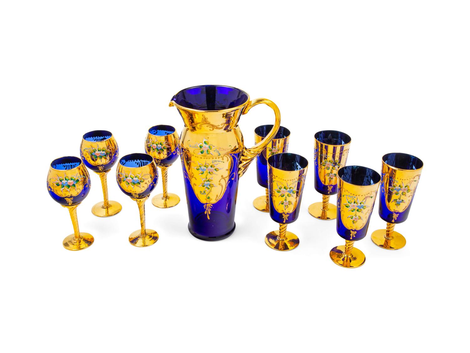 A Cobalt Blue Glass and Gilt Decorated Drink Service