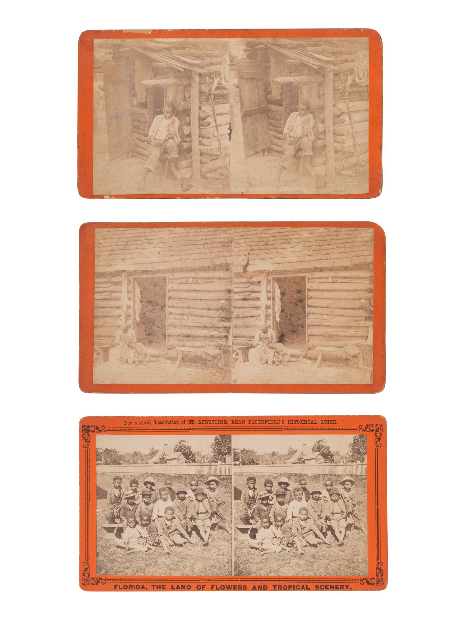 [EARLY PHOTO.] 17 stereoviews of African American domestic life, incl. cabin views and family scenes